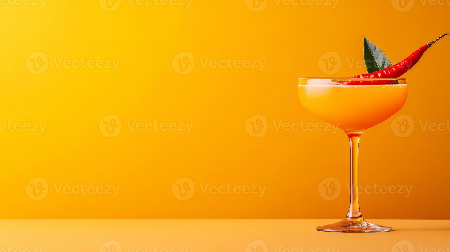 Vibrant cocktail with passionfruit, chili infused tequila, and honey, served in a sleek glass with a red chili garnish, striking colors on a gradient background from fiery red to golden yellow photo