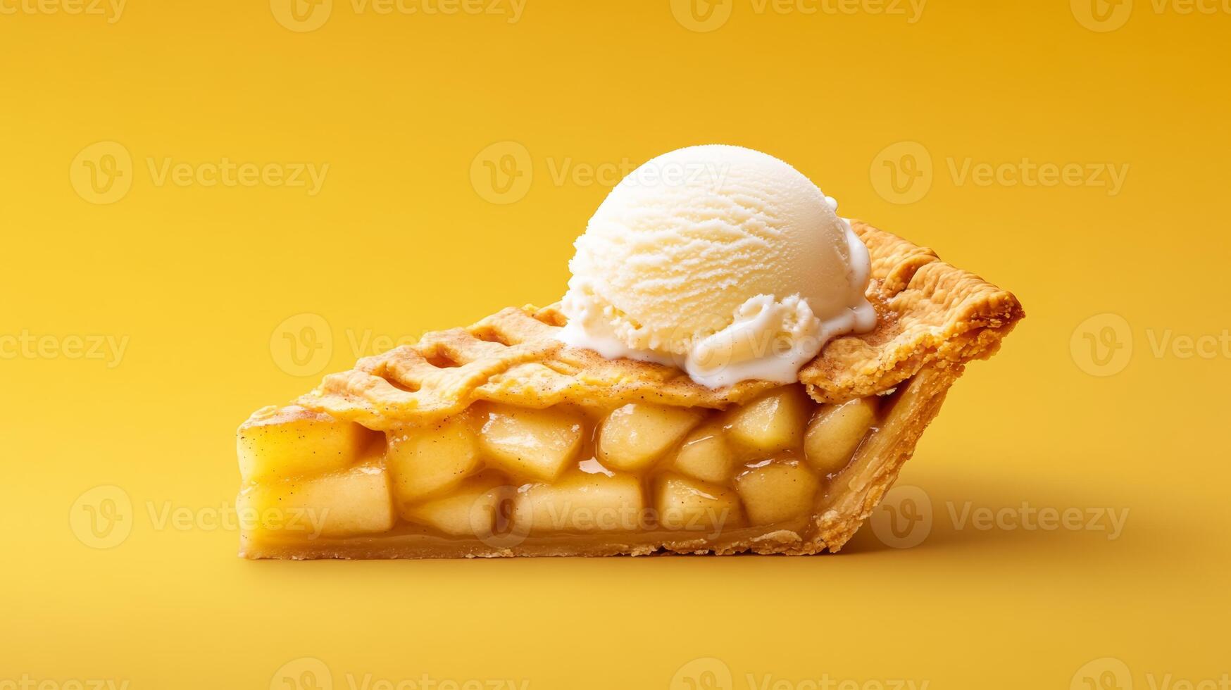 Warm apple pie slice with cinnamon and flaky crust, topped with vanilla ice cream melting slightly, set on a gradient background blending from golden yellow to deep cinnamon brown photo