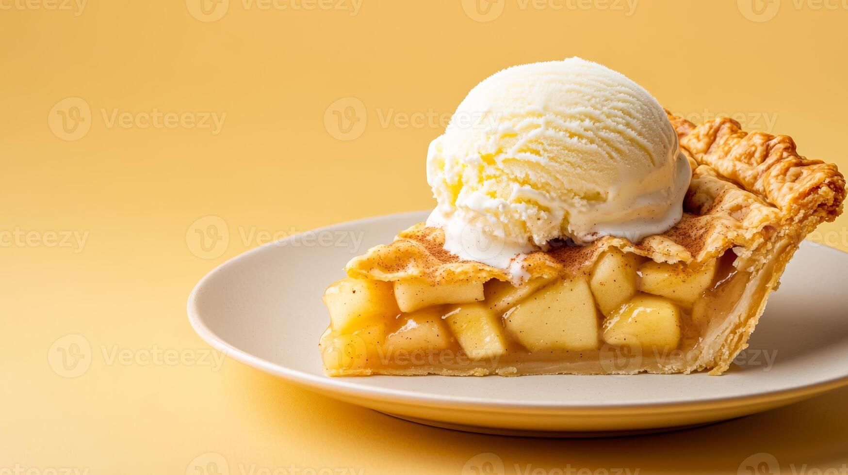 Warm apple pie slice with cinnamon and flaky crust, topped with vanilla ice cream melting slightly, set on a gradient background blending from golden yellow to deep cinnamon brown photo