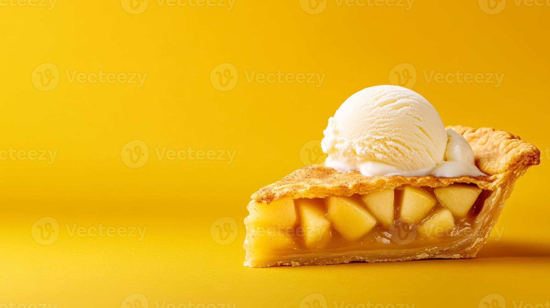 Warm apple pie slice with cinnamon and flaky crust, topped with vanilla ice cream melting slightly, set on a gradient background blending from golden yellow to deep cinnamon brown photo