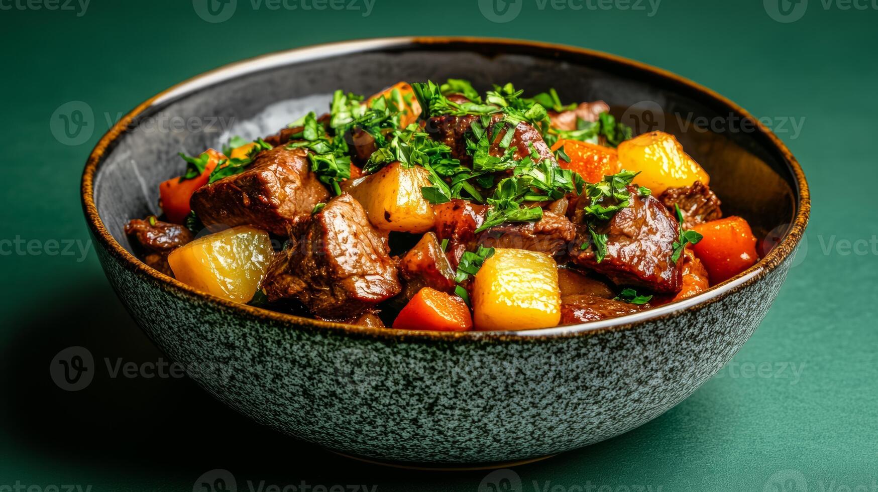 Warm stew of venison with root vegetables and fresh herbs, served in a rustic bowl, displayed on a gradient background shifting from dark forest green to soft golden yellow photo