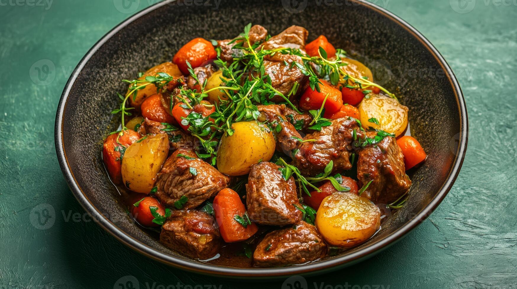 Warm stew of venison with root vegetables and fresh herbs, served in a rustic bowl, displayed on a gradient background shifting from dark forest green to soft golden yellow photo