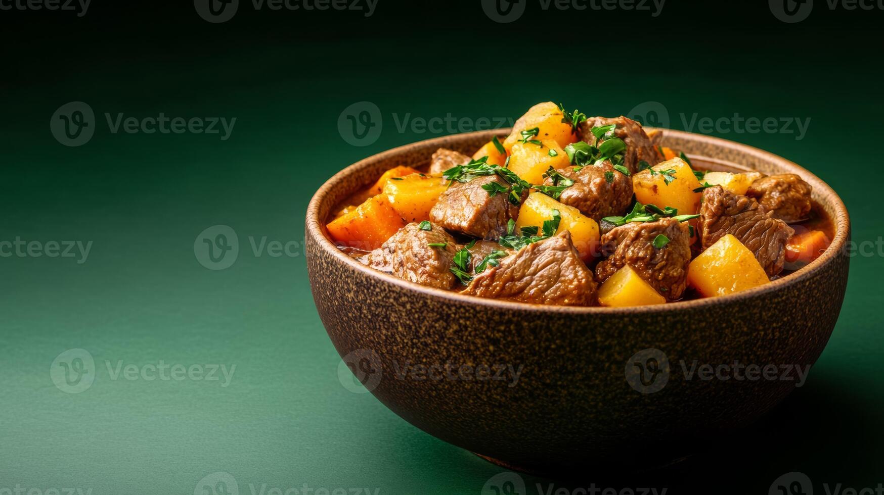 Warm stew of venison with root vegetables and fresh herbs, served in a rustic bowl, displayed on a gradient background shifting from dark forest green to soft golden yellow photo