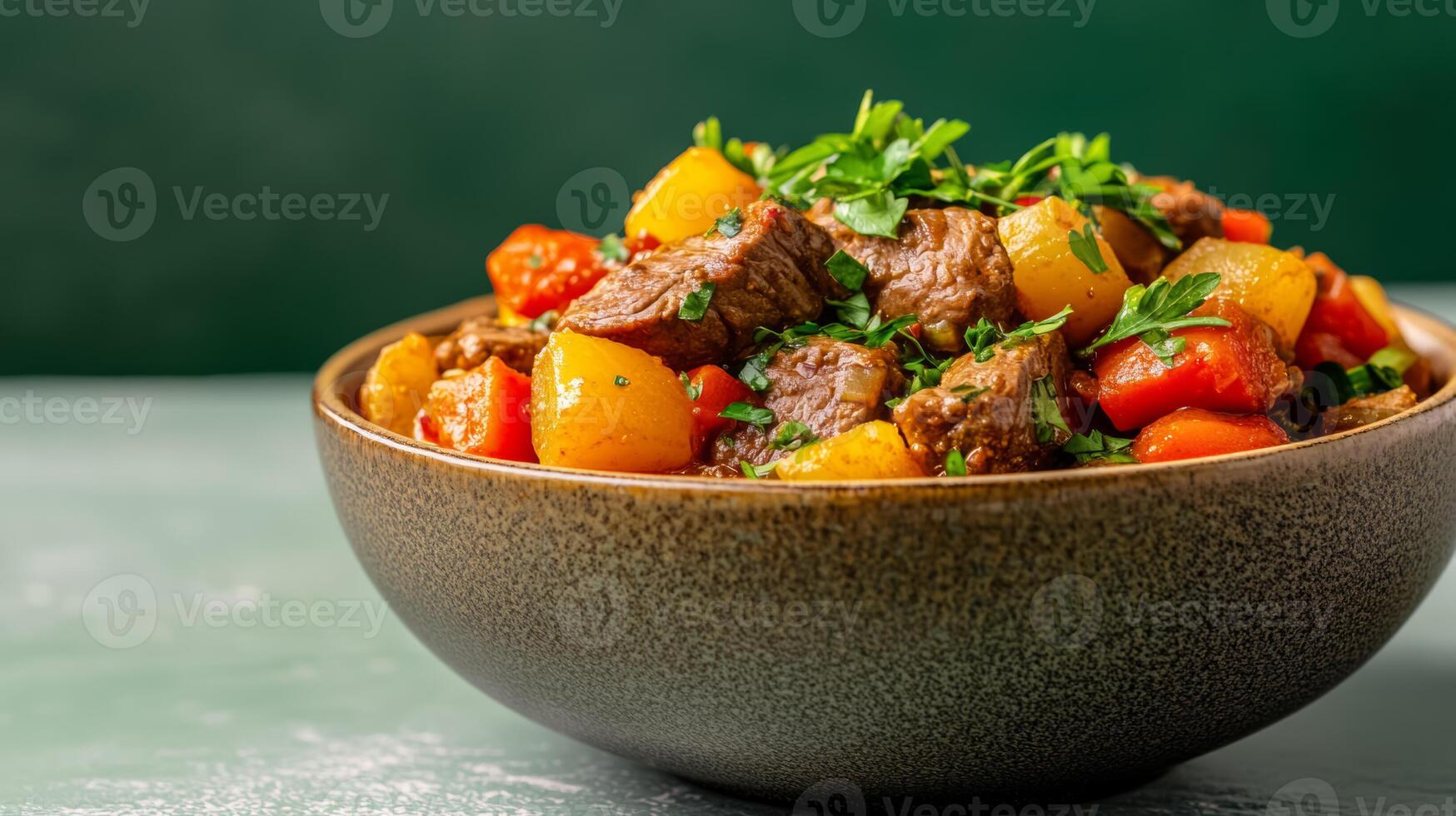 Warm stew of venison with root vegetables and fresh herbs, served in a rustic bowl, displayed on a gradient background shifting from dark forest green to soft golden yellow photo