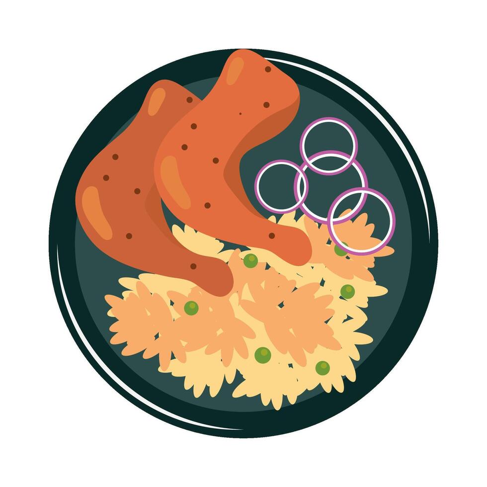 Plate of food with rice and chicken on it vector