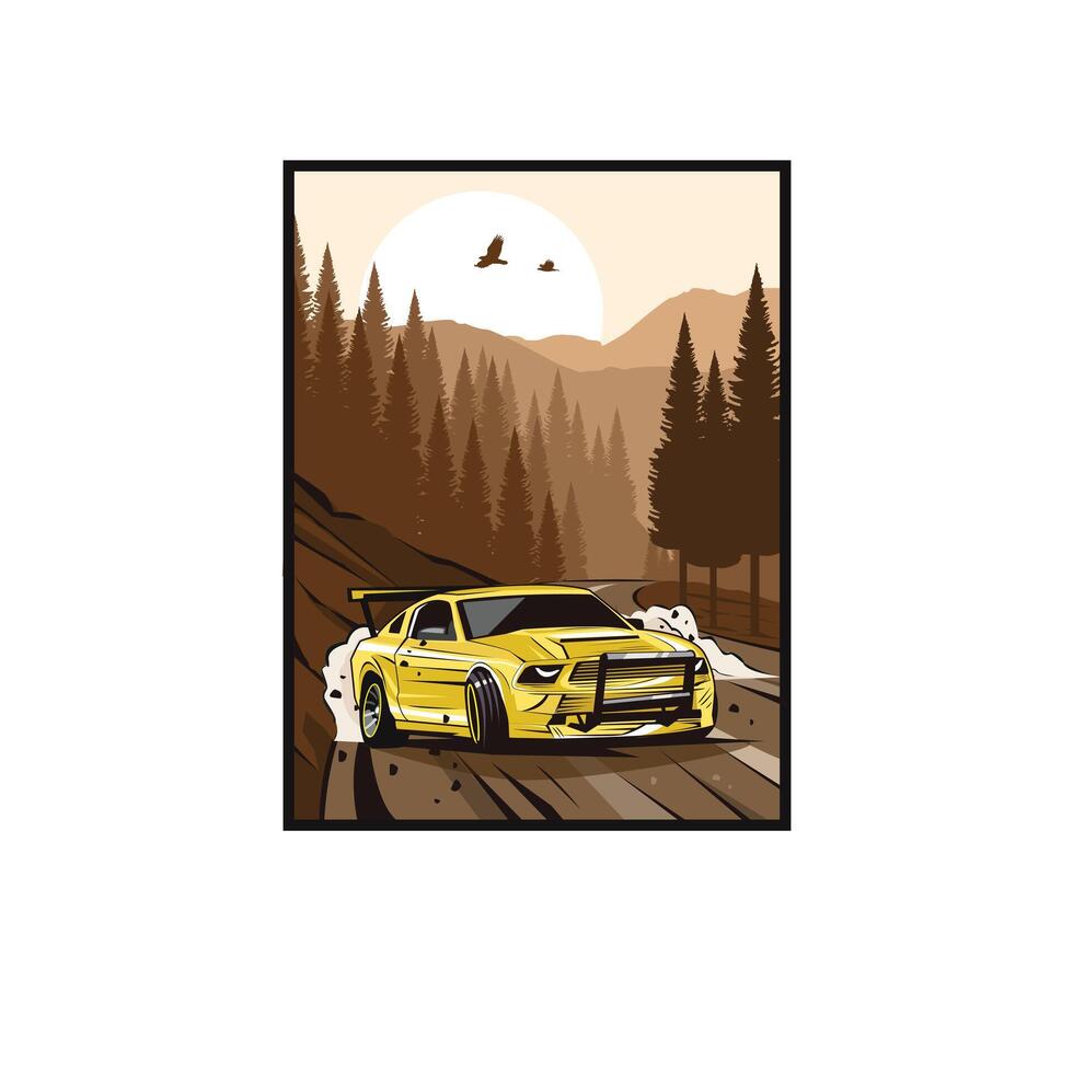 yellow car drift on hill side way vector