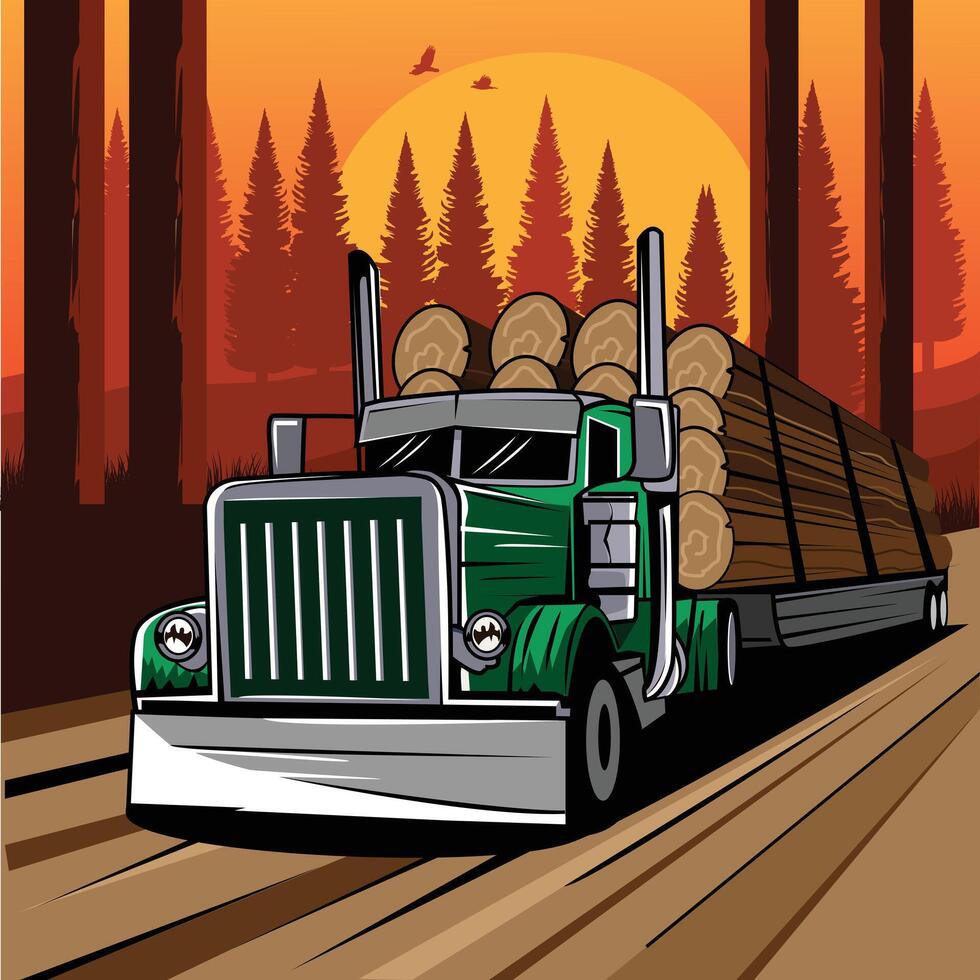 truck delivery on the way through pine forest vector