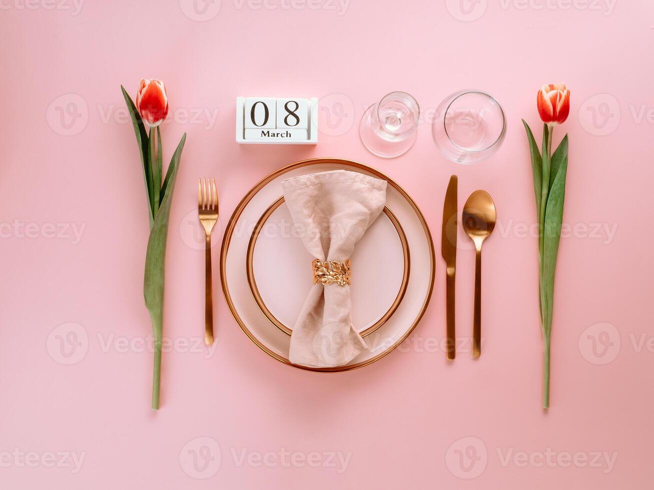 8 march table setting on pink. Copy space photo