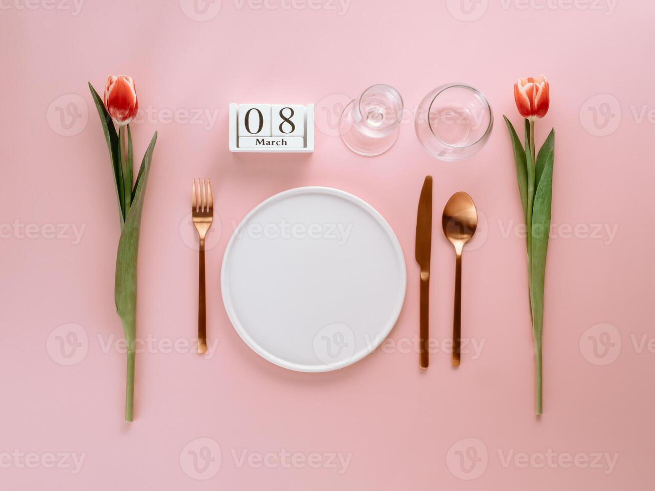 8 march table setting on pink. Copy space photo