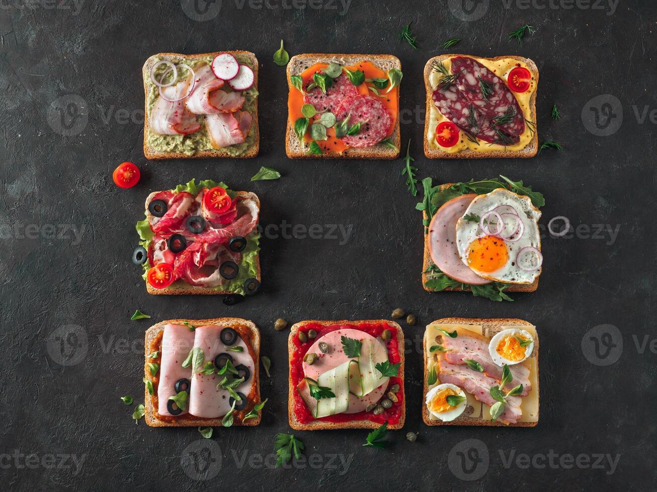 open sandwiches with different meat, copy space photo