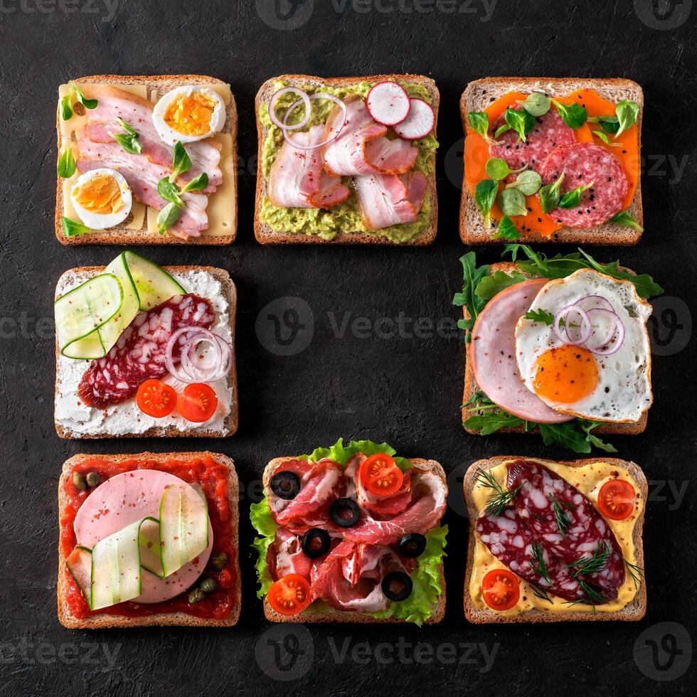 open sandwiches with different meat, copy space photo