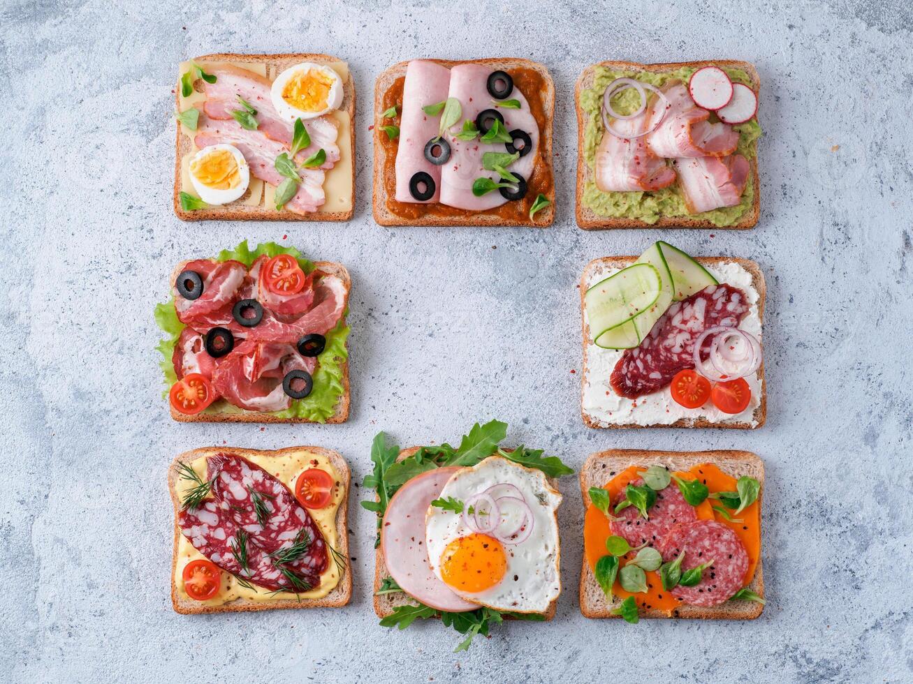 open sandwiches with different meat, copy space photo