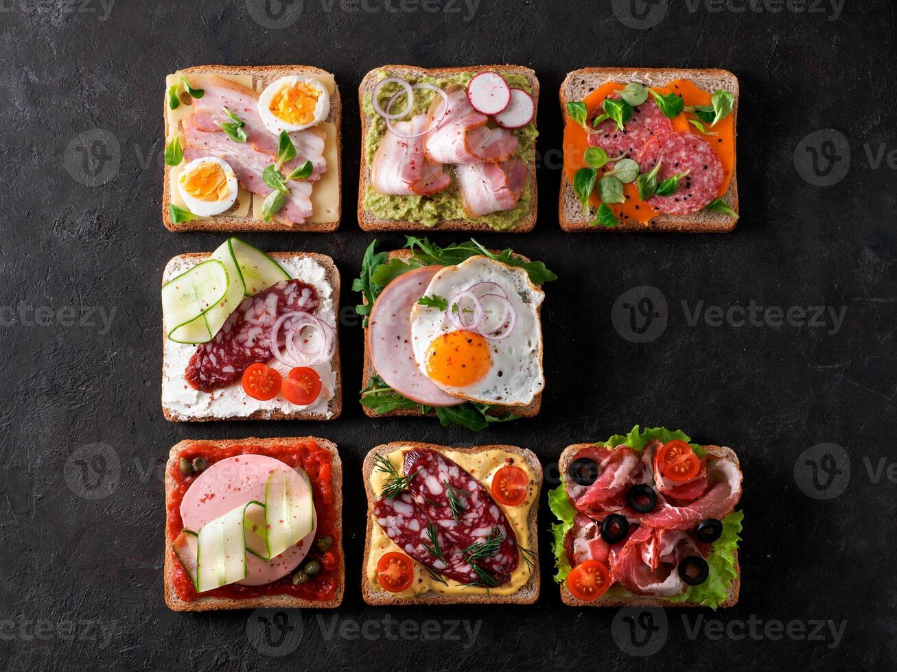 open sandwiches with different meat, copy space photo