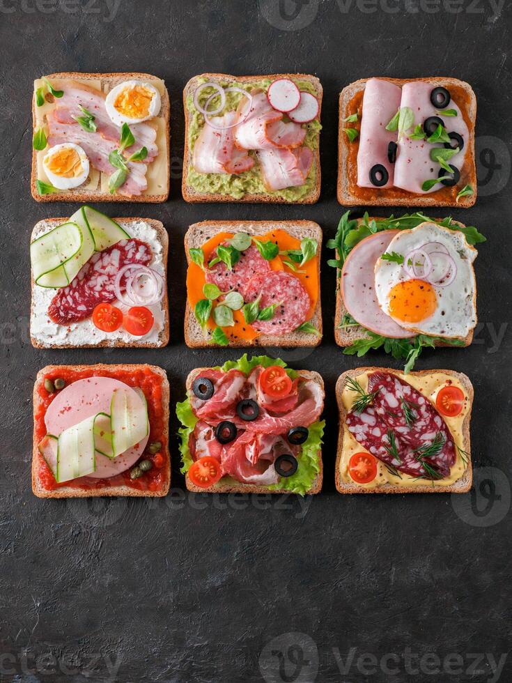 open sandwiches with different meat, copy space photo