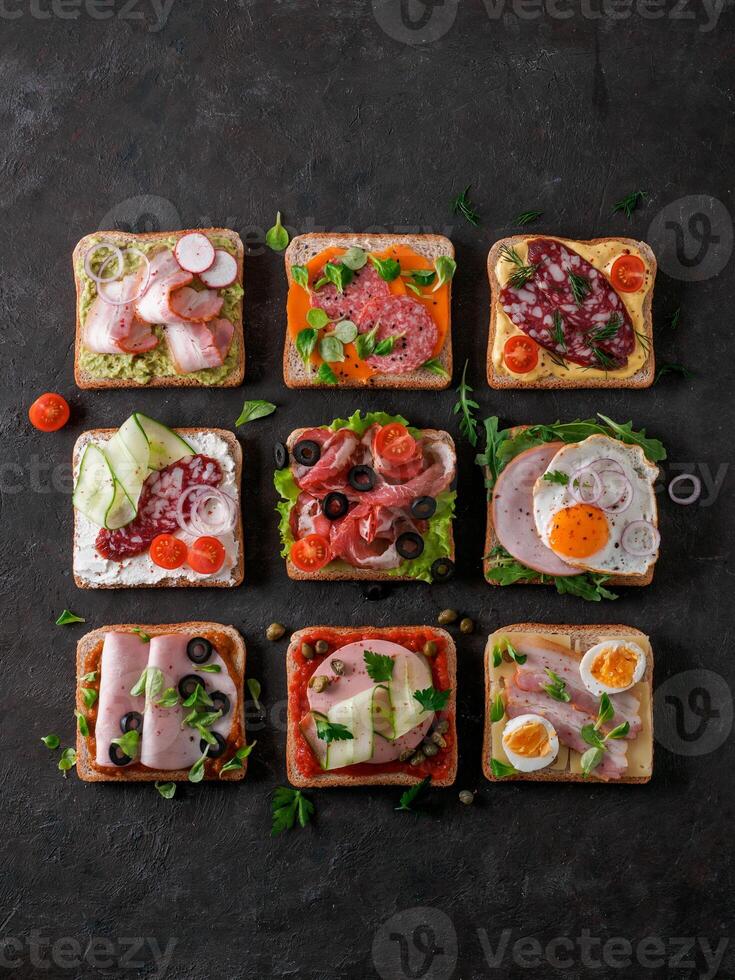 open sandwiches with different meat, copy space photo