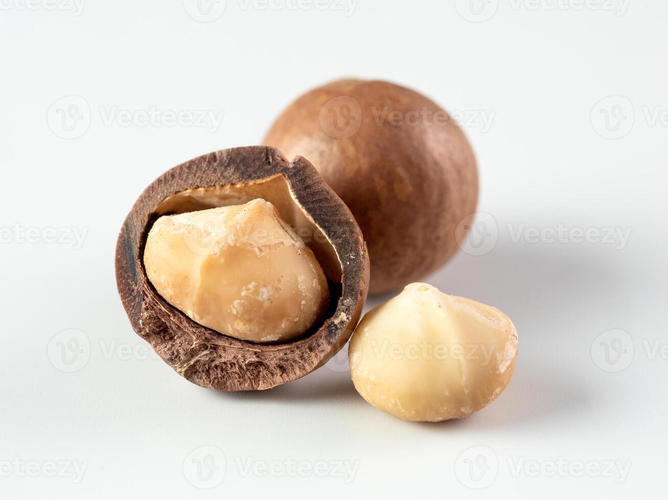 Three macadamia nuts isolated on white photo