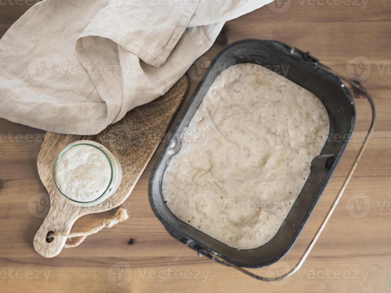 Wheat sourdough starter, top view, copy space photo