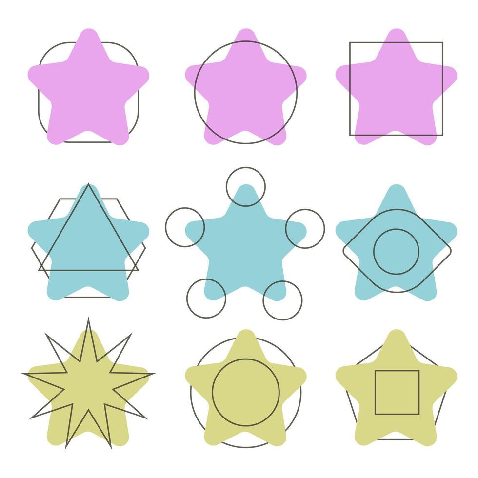 Star icons with different shapes around. Flat design for logo, print, card, web, social media vector