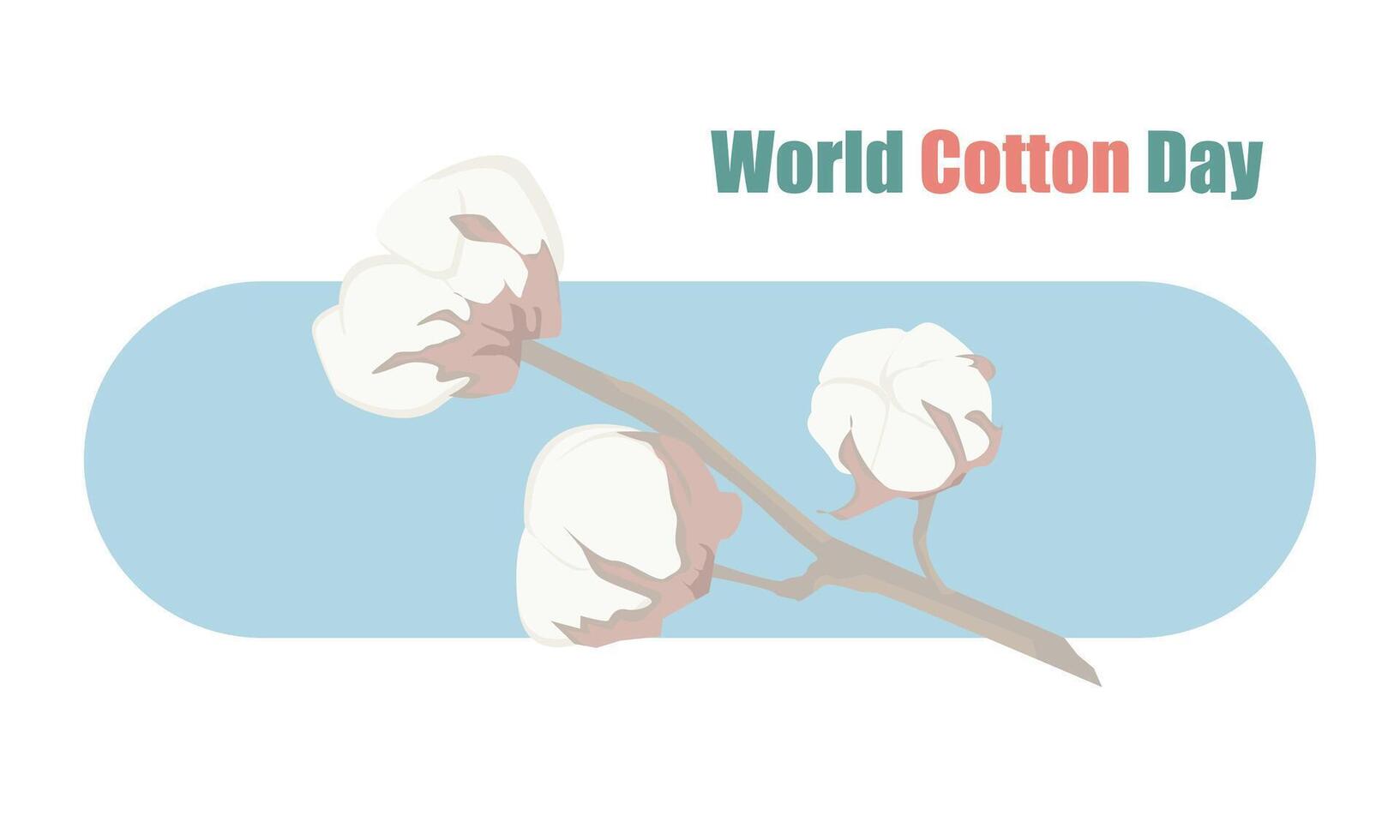 Cotton branch with flowers. Raw cotton plant harvest. Illustration with blue frame on white background. World cotton day October 7 vector