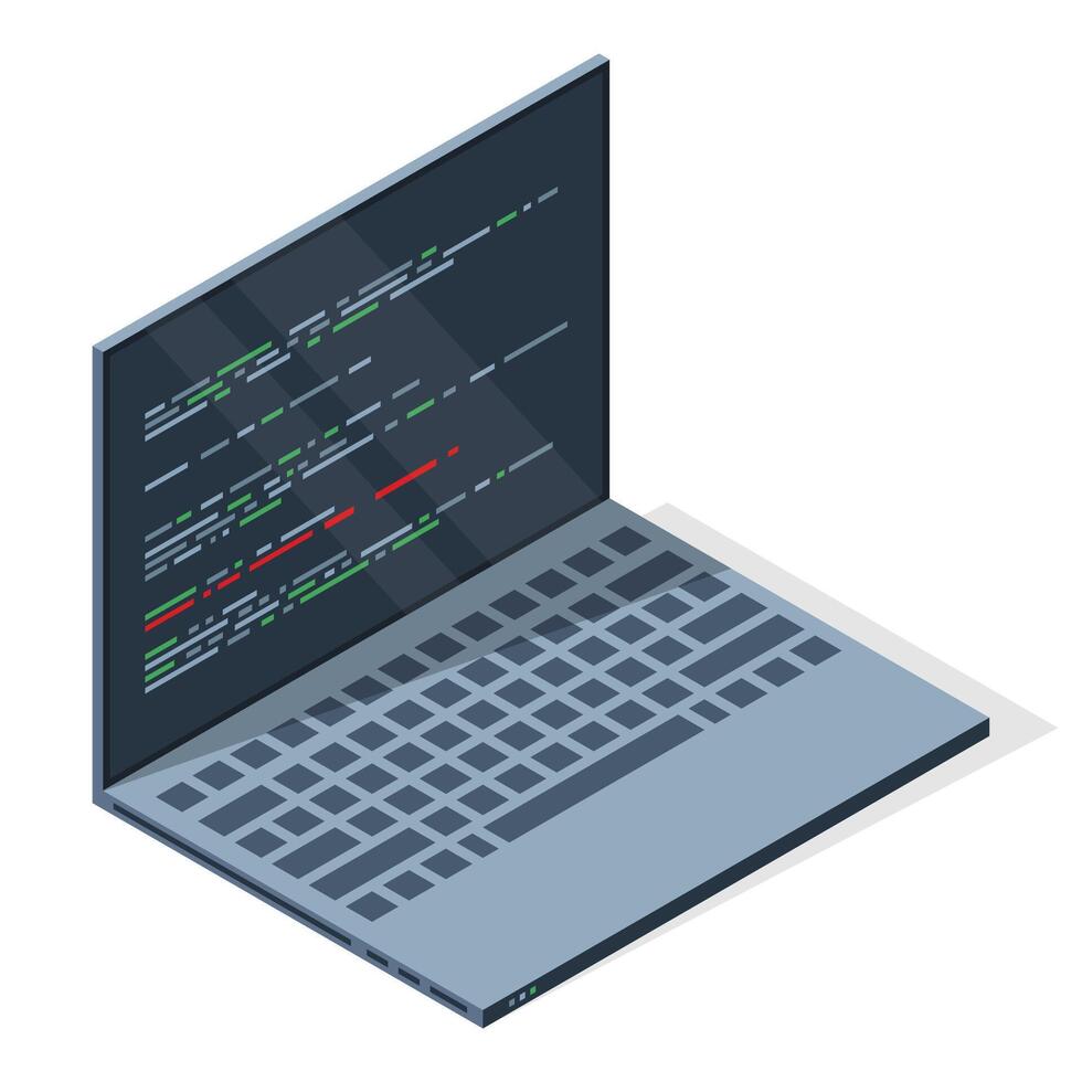 Isometric laptop with program code on screen. Programming concept. Web development. illustration vector