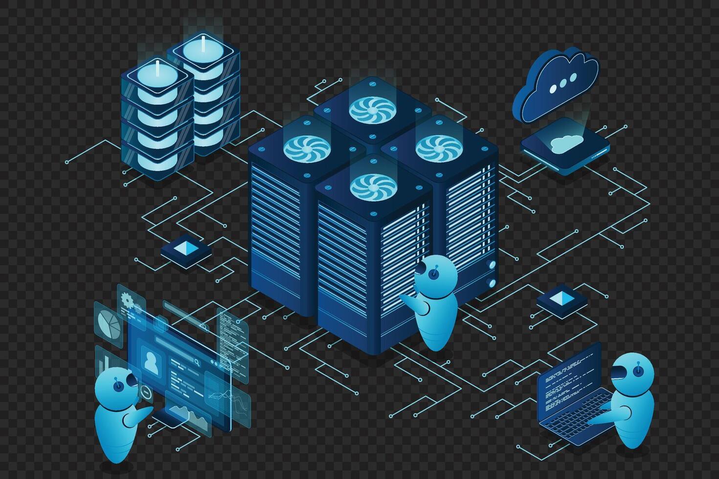 Data center and web hosting isometric concept. Cloud computing storage. Isometric server room rack. illustration vector