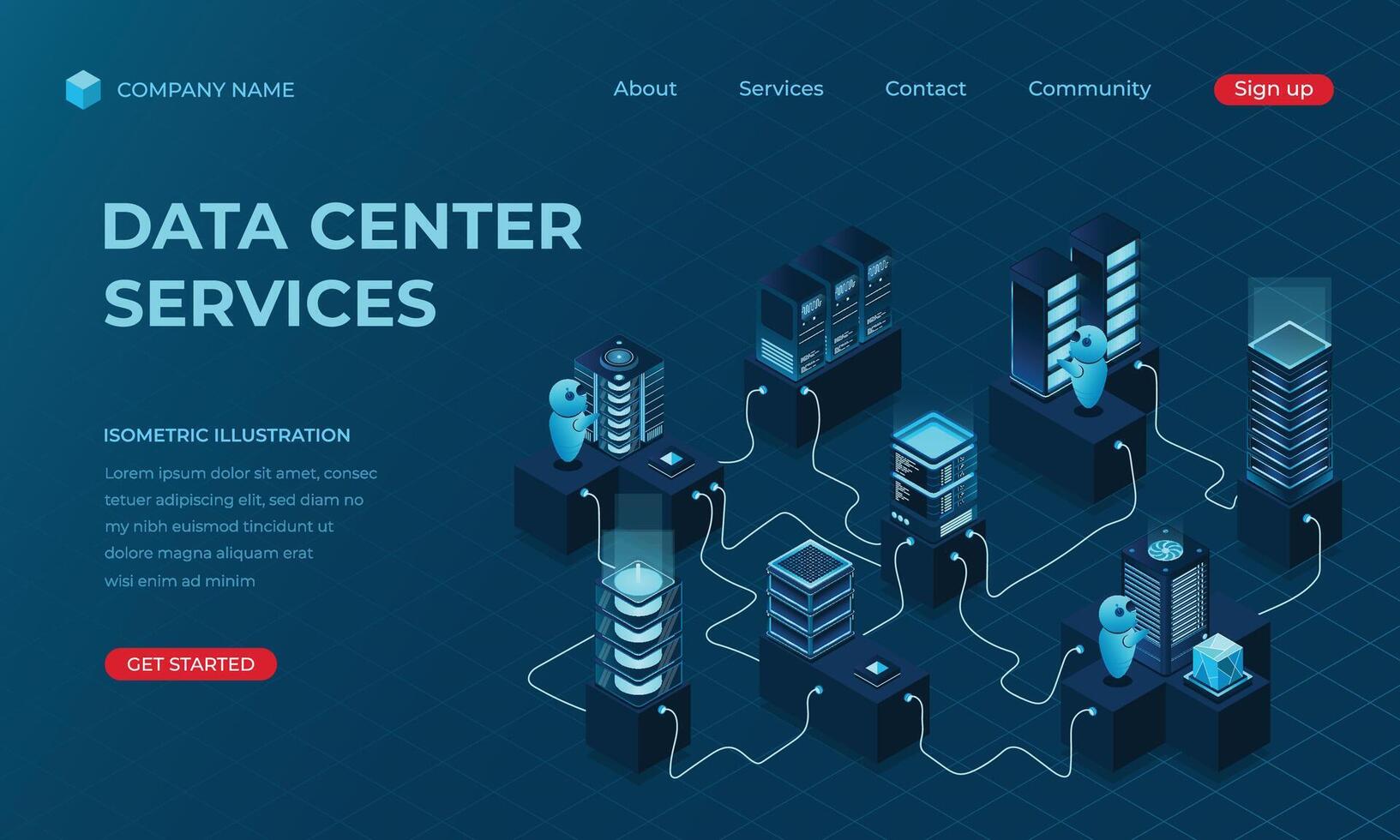 Isometric data center landing page concept. Networking, database, cloud storage. Digital technology website landing page. illustration vector