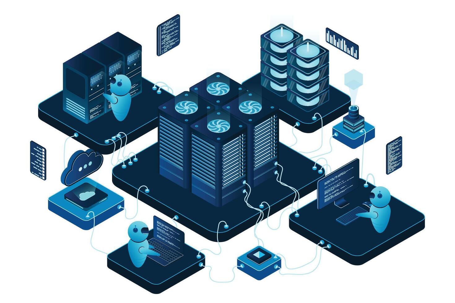 Isometric data center or server room. Data center connection network. Cloud storage. Isometric high technology concept. illustration vector