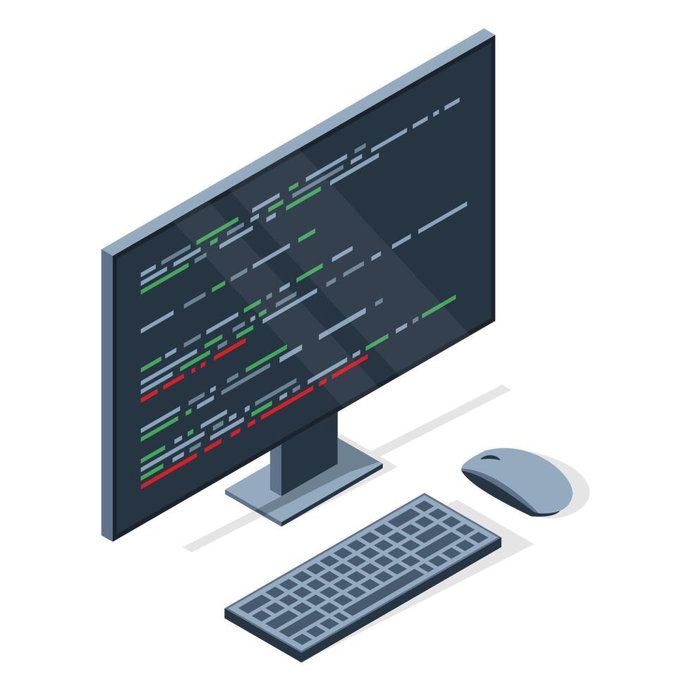 Isometric monitor with program code on screen. Computer programming with keyboard and mouse. Programming concept. Web development vector