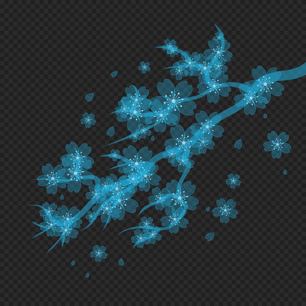 Flowers blossom branch. Blue flower background. Floral plant with blue blooms. Falling petals. illustration vector