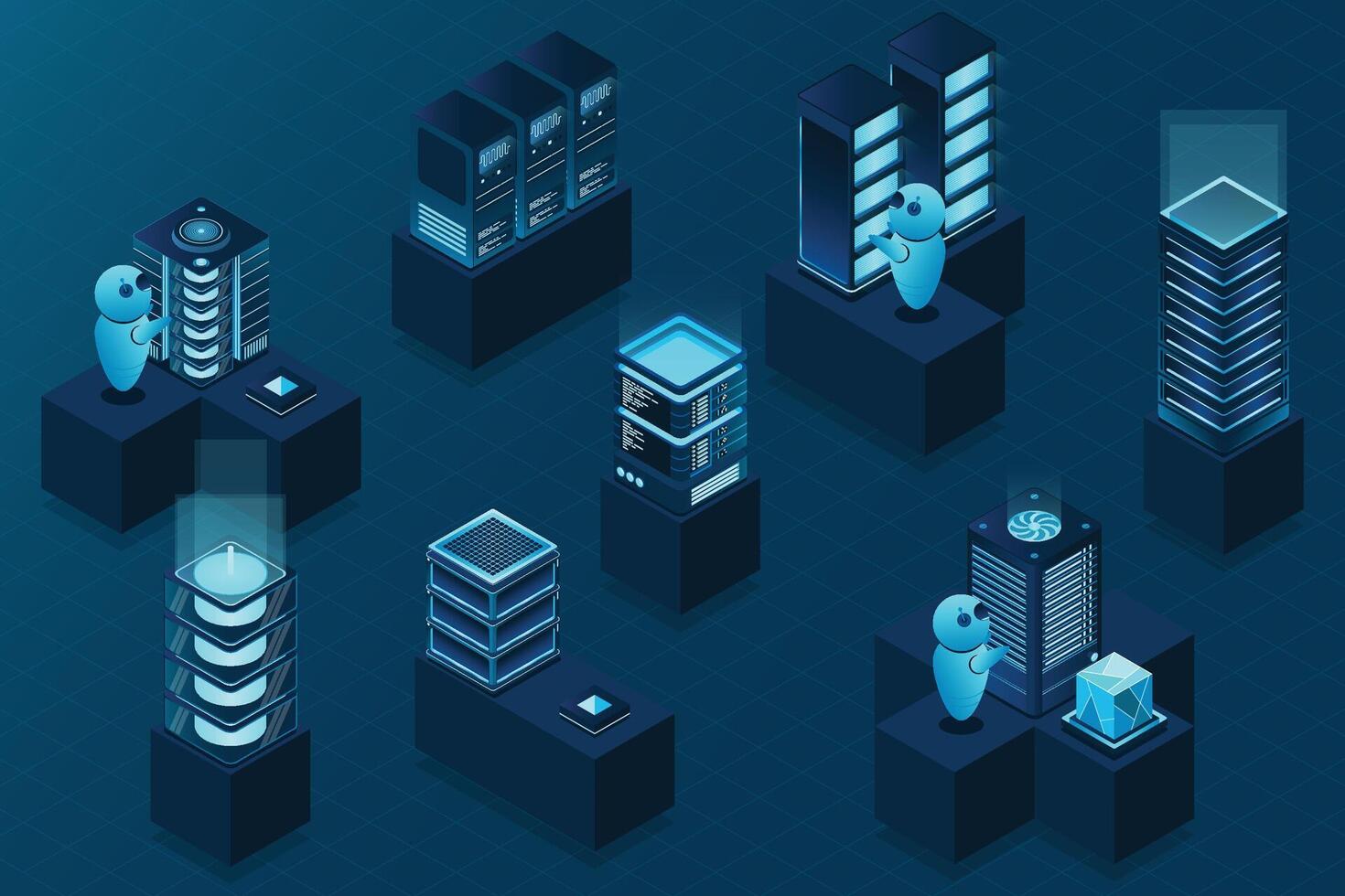 3d isometric concept big data center with server. Cloud computing. Network mainframe infrastructure. Isometric high technology concept vector