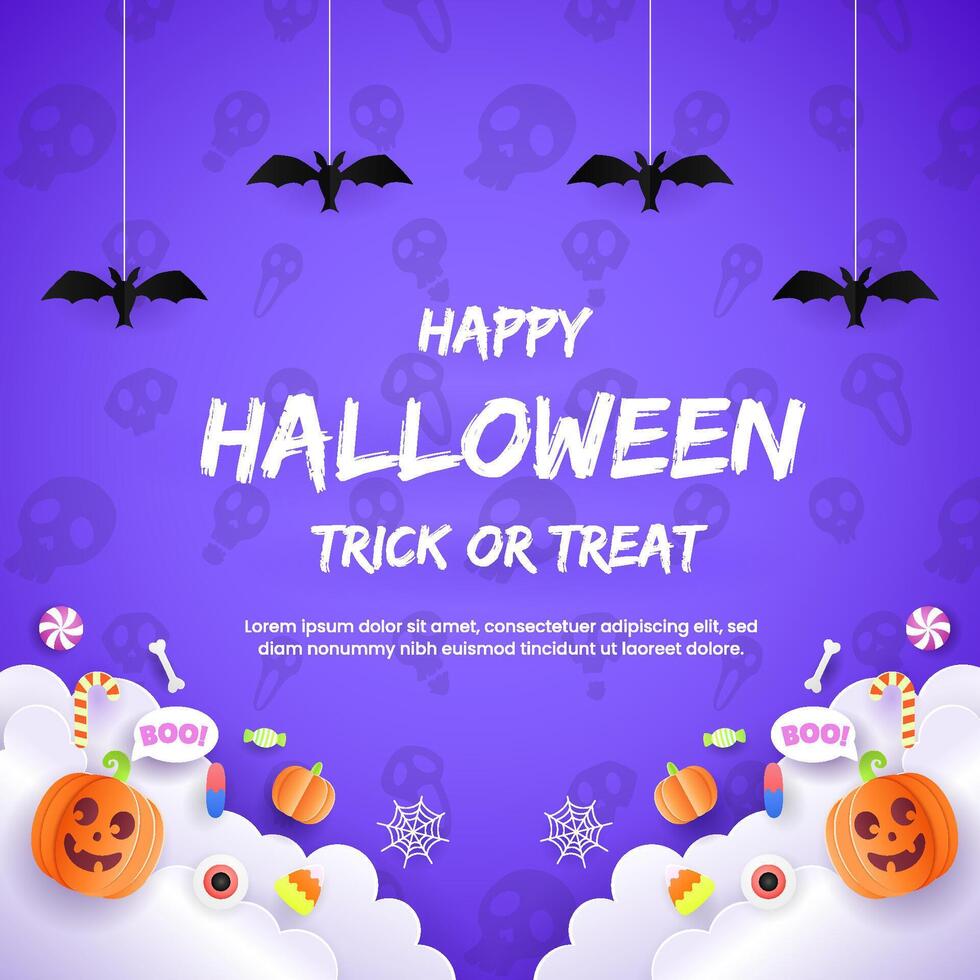 Spooky yet cheerful Halloween greeting card featuring a delightful mix of pumpkins, creepy spiders, fluttering bats, festive flags, and colorful candy, designed to spread holiday. vector