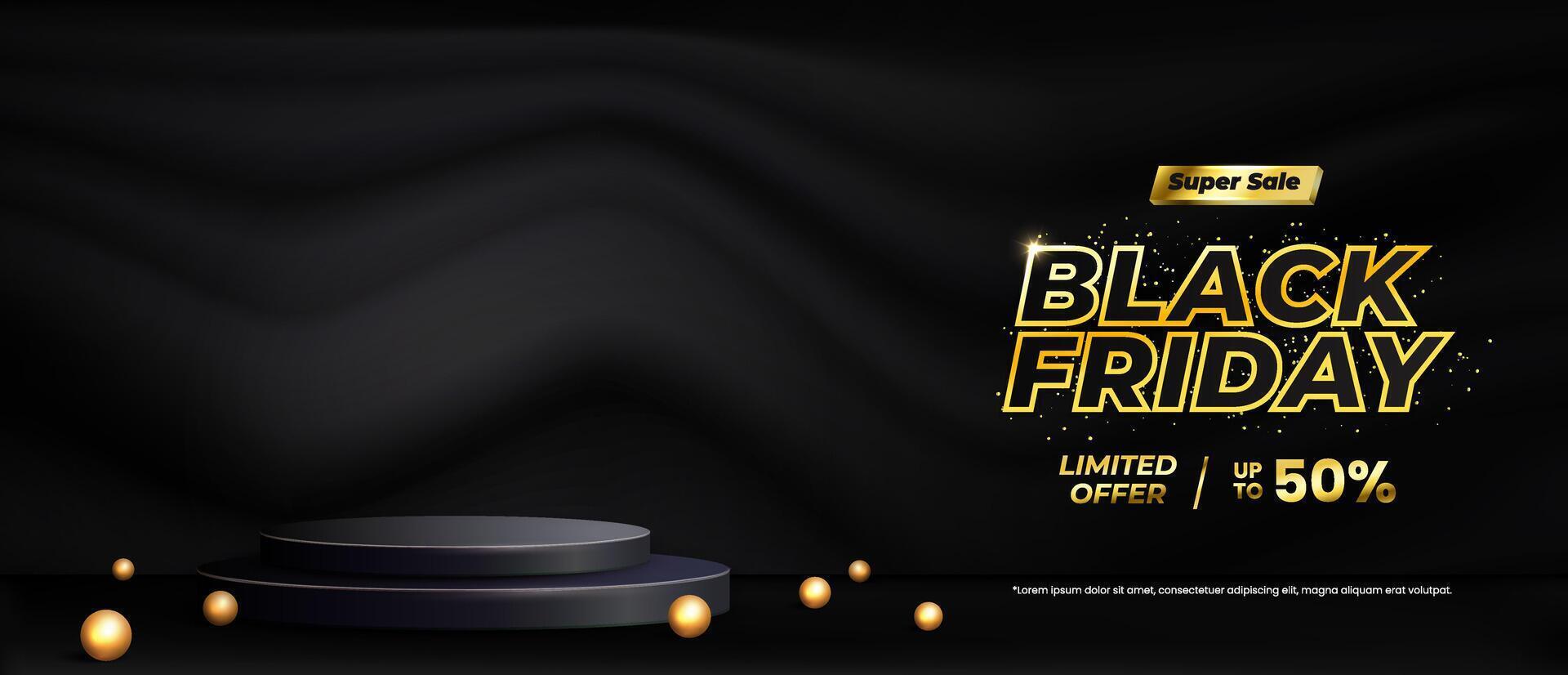Black Friday Sale concept with a stage podium designed for showcasing products, complemented by a modern backdrop that includes balloons vector