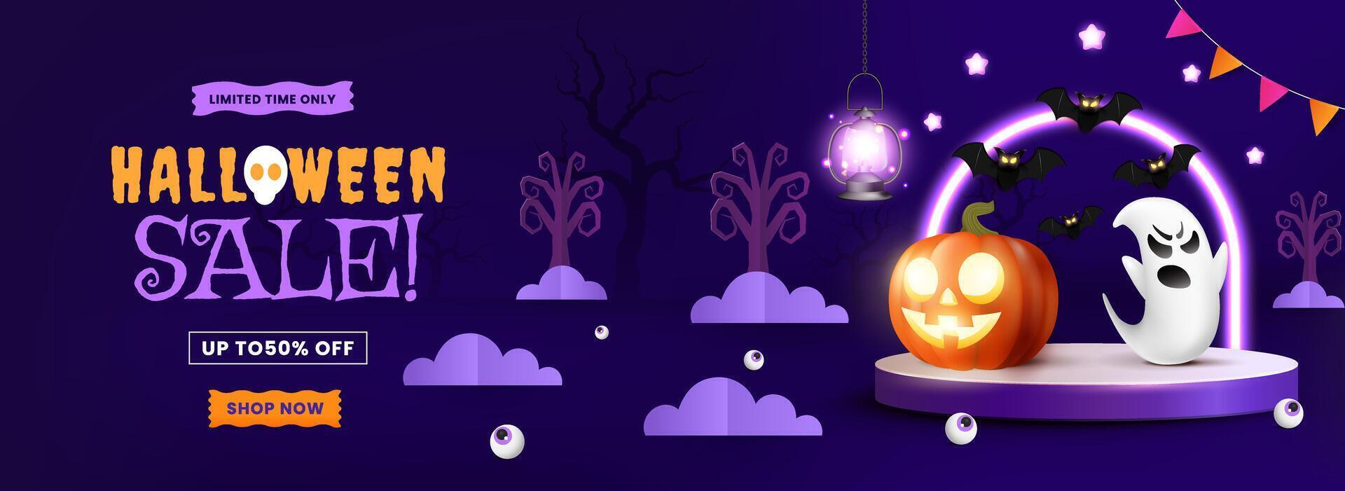Playful Halloween greeting card background featuring vibrant pumpkins, a spooky lantern, fluttering bats, festive flags, and a shimmering fiesta lamp. vector