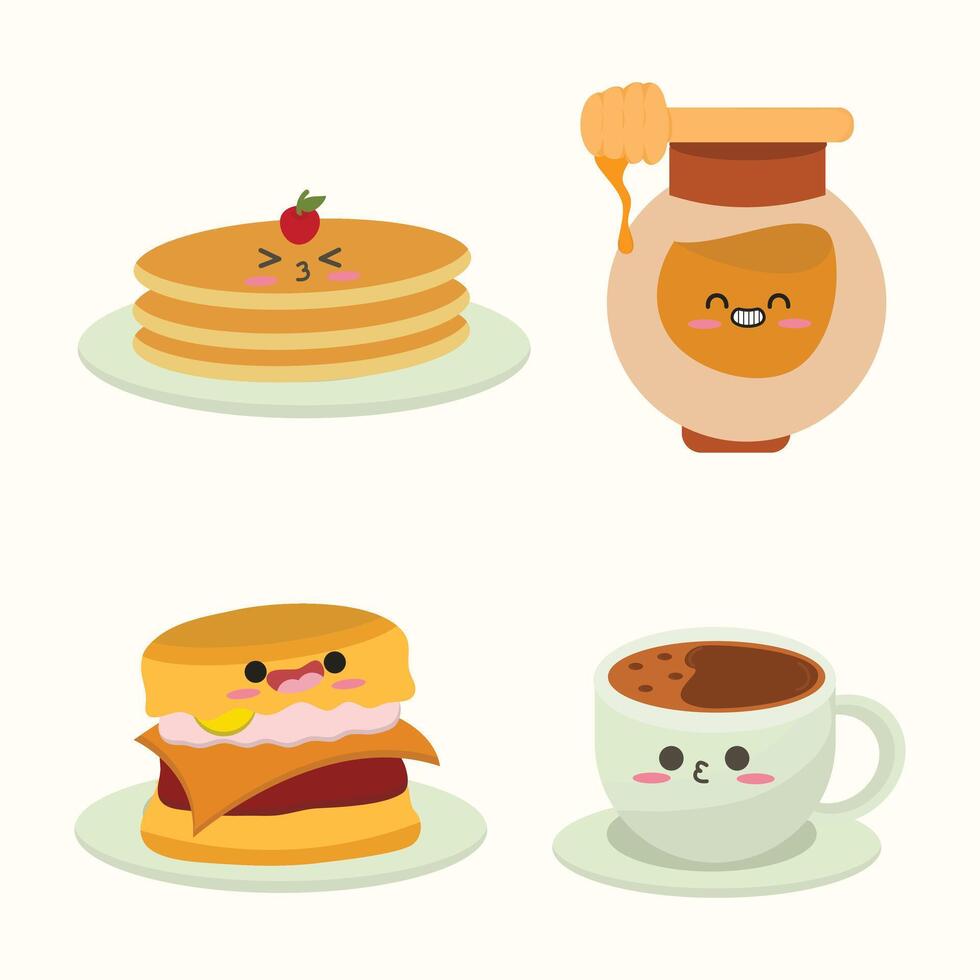 Set of breakfast elements in kawaii style. Flat hand drawn pancake, honey, egg mcmuffin, hot chocolate. Suitable for flat design graphic illustration, clip art, stickers, posters, stickers, cards, etc vector