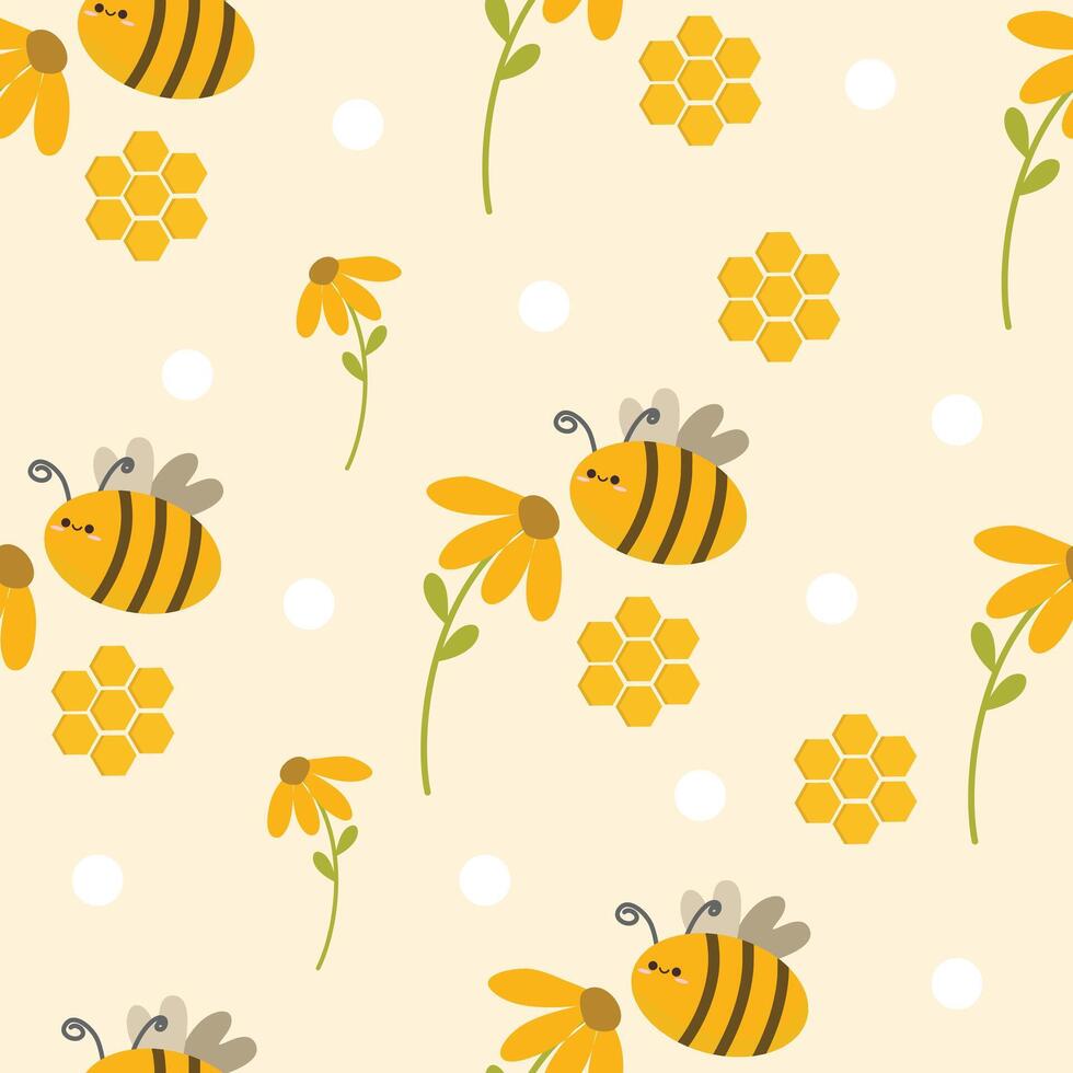 Hand drawn cute bee seamless pattern. Suitable for use for children's and baby designs and also printed on fabrics for clothes, t-shirts, blankets, baby bibs etc vector