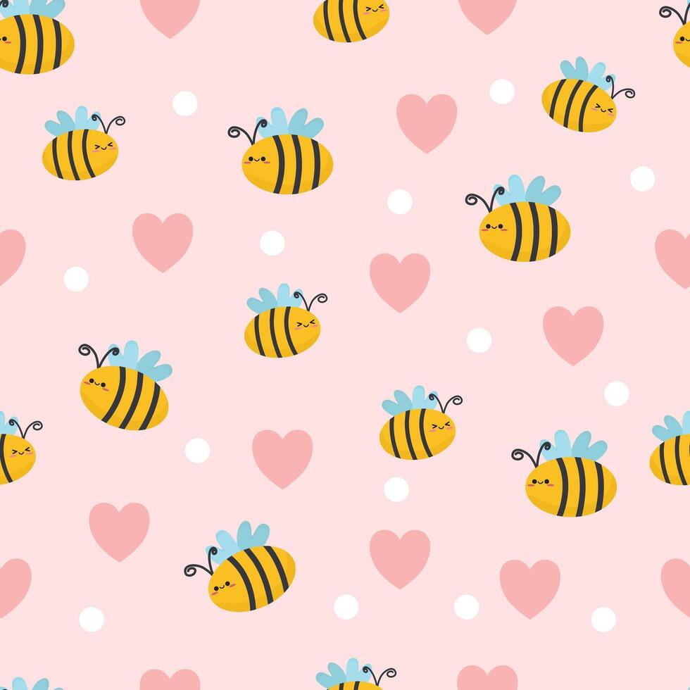 Honey bee cartoon kids seamless pattern with pink love and polkadot white. Suitable for use for children's and baby designs and also printed on fabrics for clothes, t-shirts, blankets, baby bibs etc vector