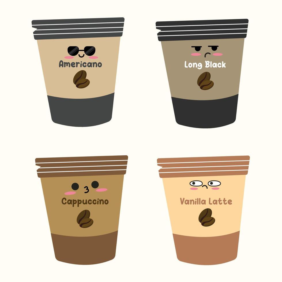 Coffee pack collection in kawaii style. Suitable for flat design graphic illustration, clip art, posters, stickers, cards, etc vector