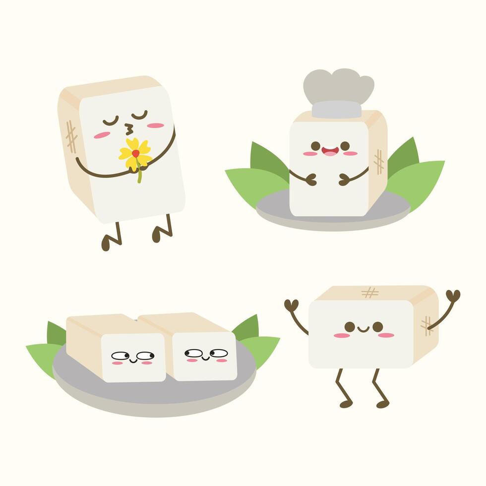 Cute tofu set collection in kawaii style. Suitable for flat design graphic illustration, clip art, mascot, stickers, etc vector