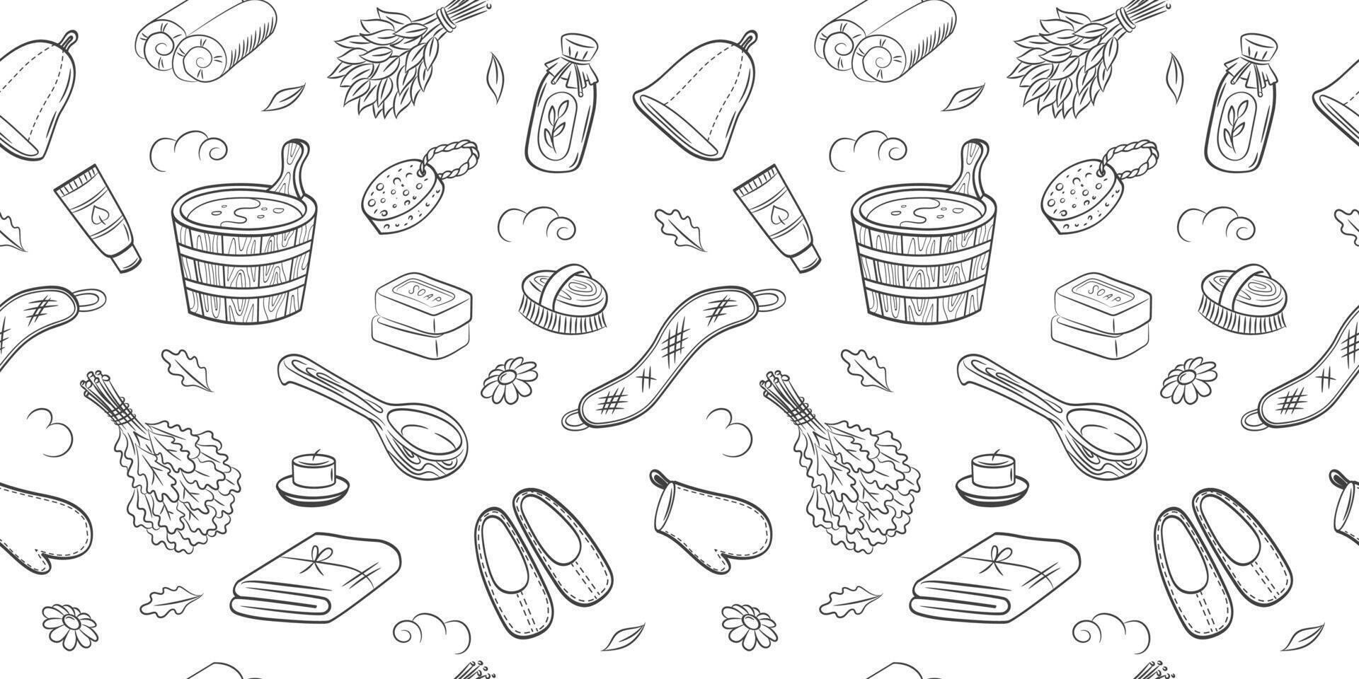 Sauna accessories sketch background. Doodle sauna pattern on white background. Hand drawn spa elements collection. vector
