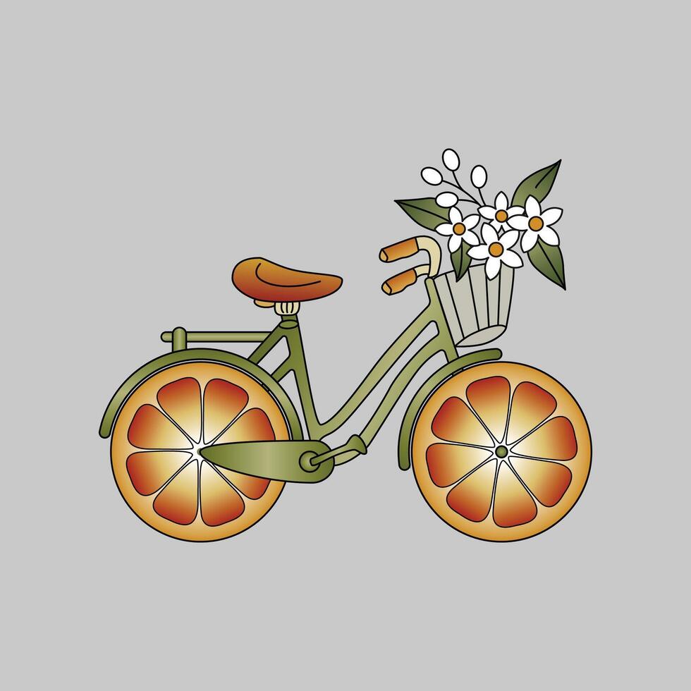 illustration of A bright green bicycle with a bright bouquet and wheels made of juicy oranges vector