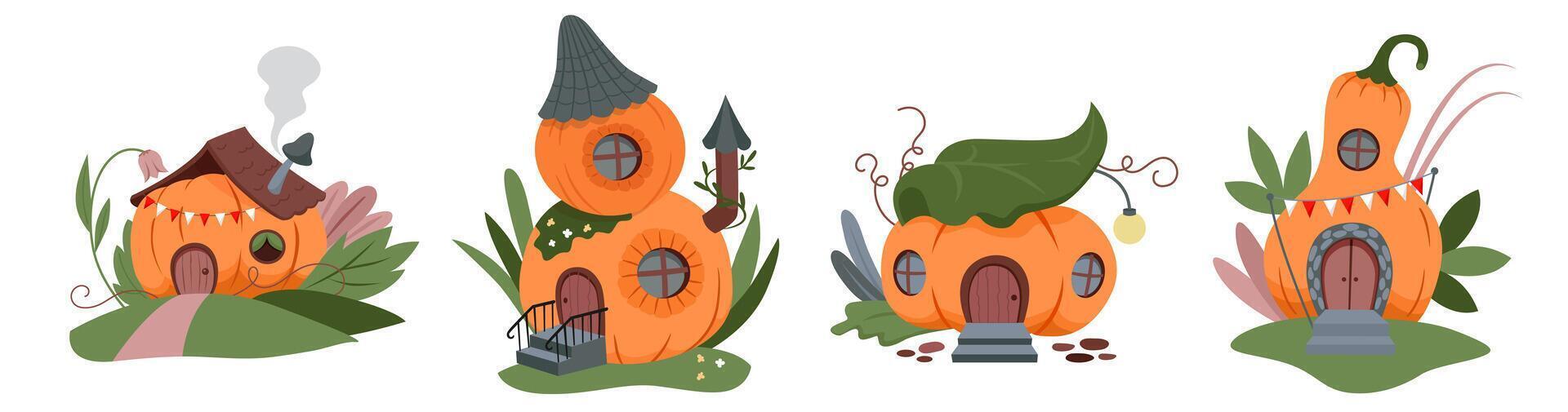 Cute fairy pumpkin house. Halloween decor pumpkin houses with windows and flags. vector