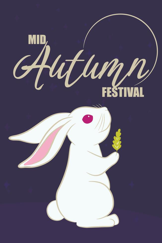 Mid autumn festival card with white rabbit keeping plant in his pads. Minimalistic background concept. Bunny sit with his back on blue vector
