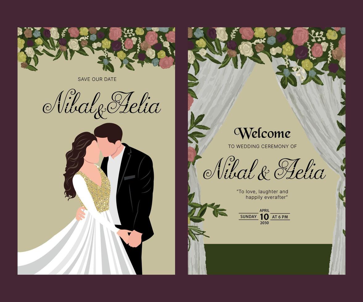hindu and christian wedding card design containing bride, groom and marriage decoration for reception and engagement ceremony vector