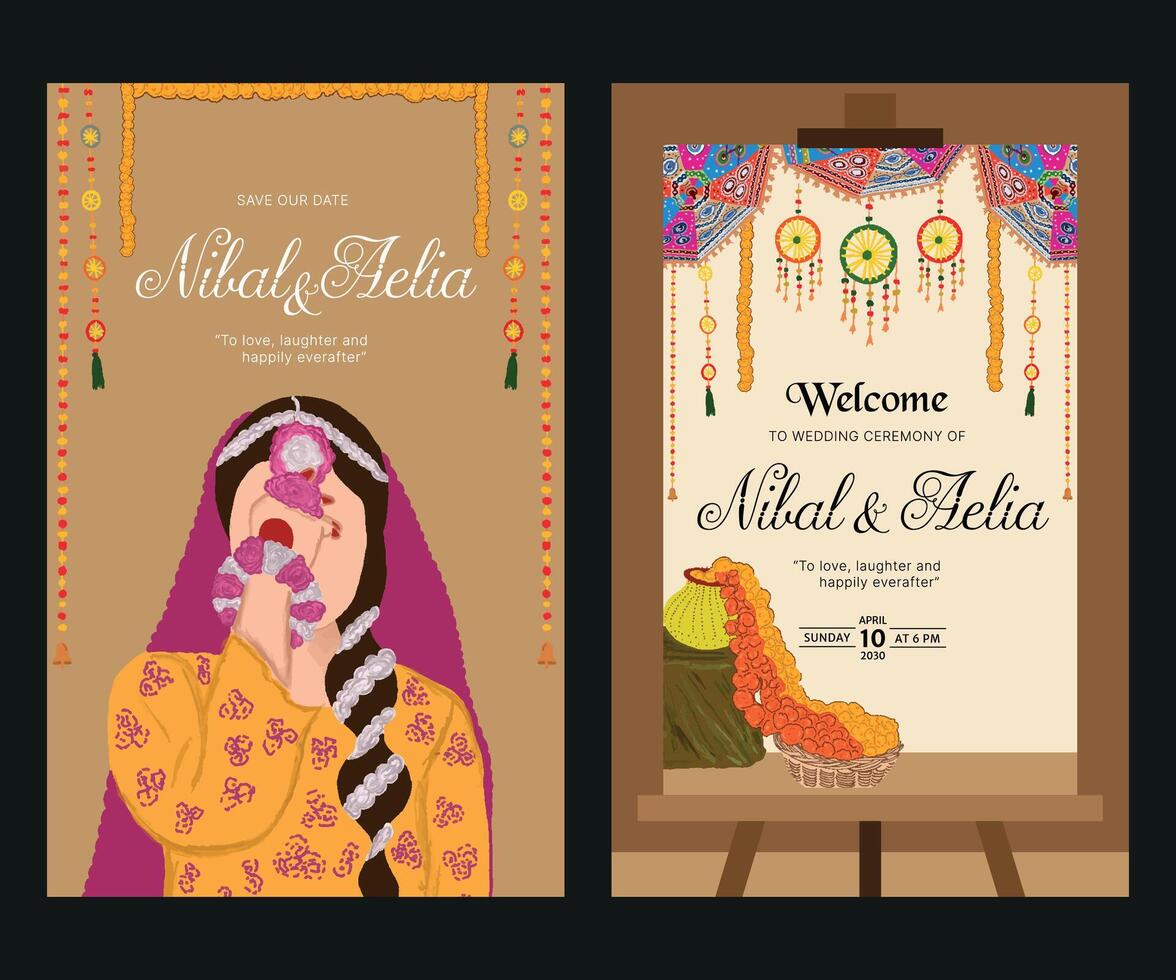 hindu wedding card design containing bride and marriage decoration for mehndi ceremony vector