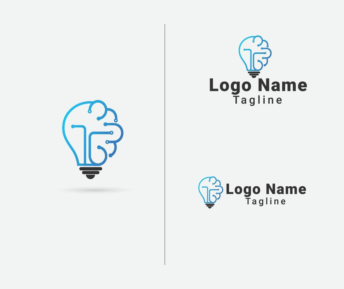 Brain idea logo design with human brain line art and electric bulb vector