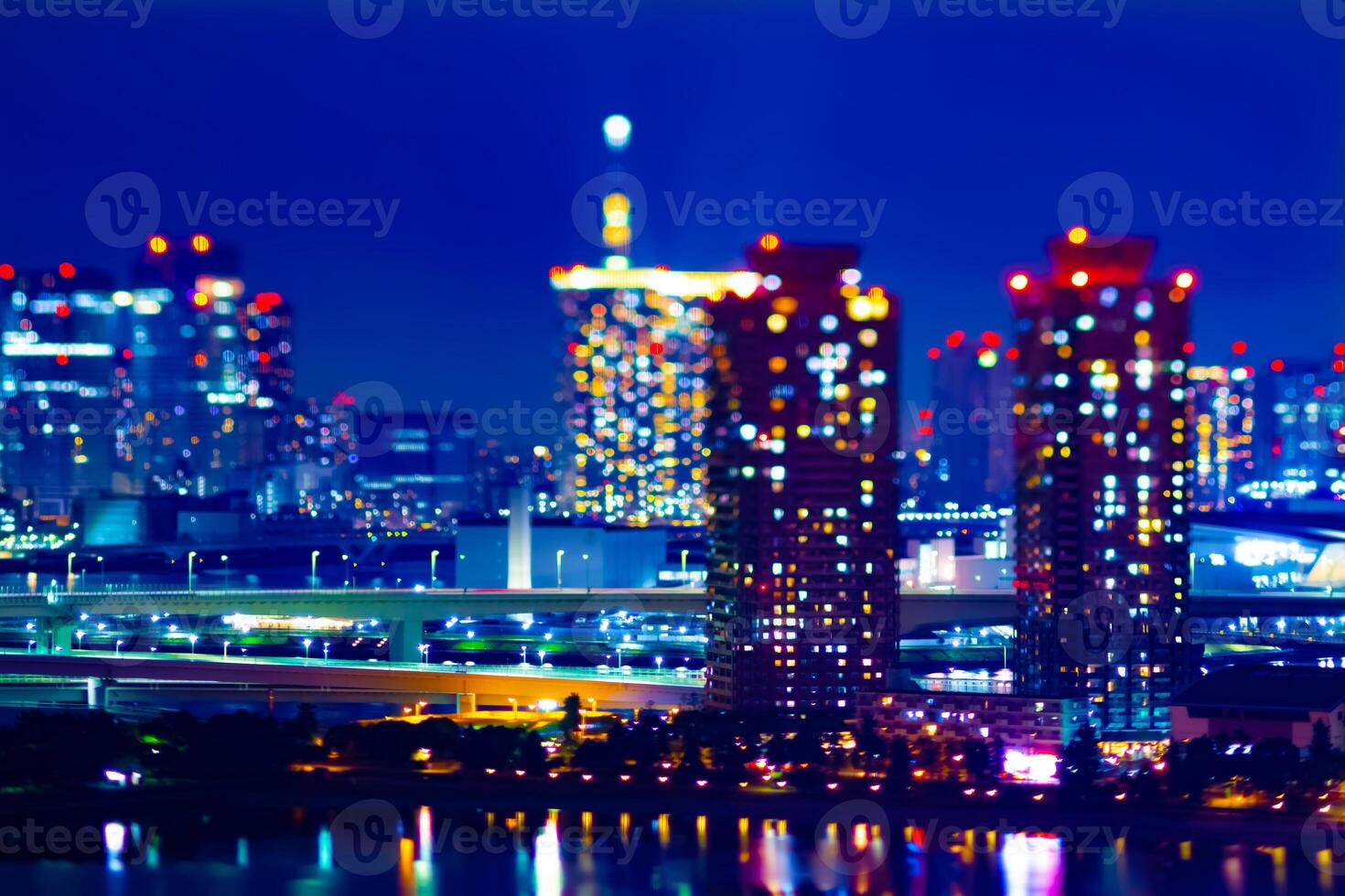 A night miniature highway at the urban city in Tokyo tiltshit photo