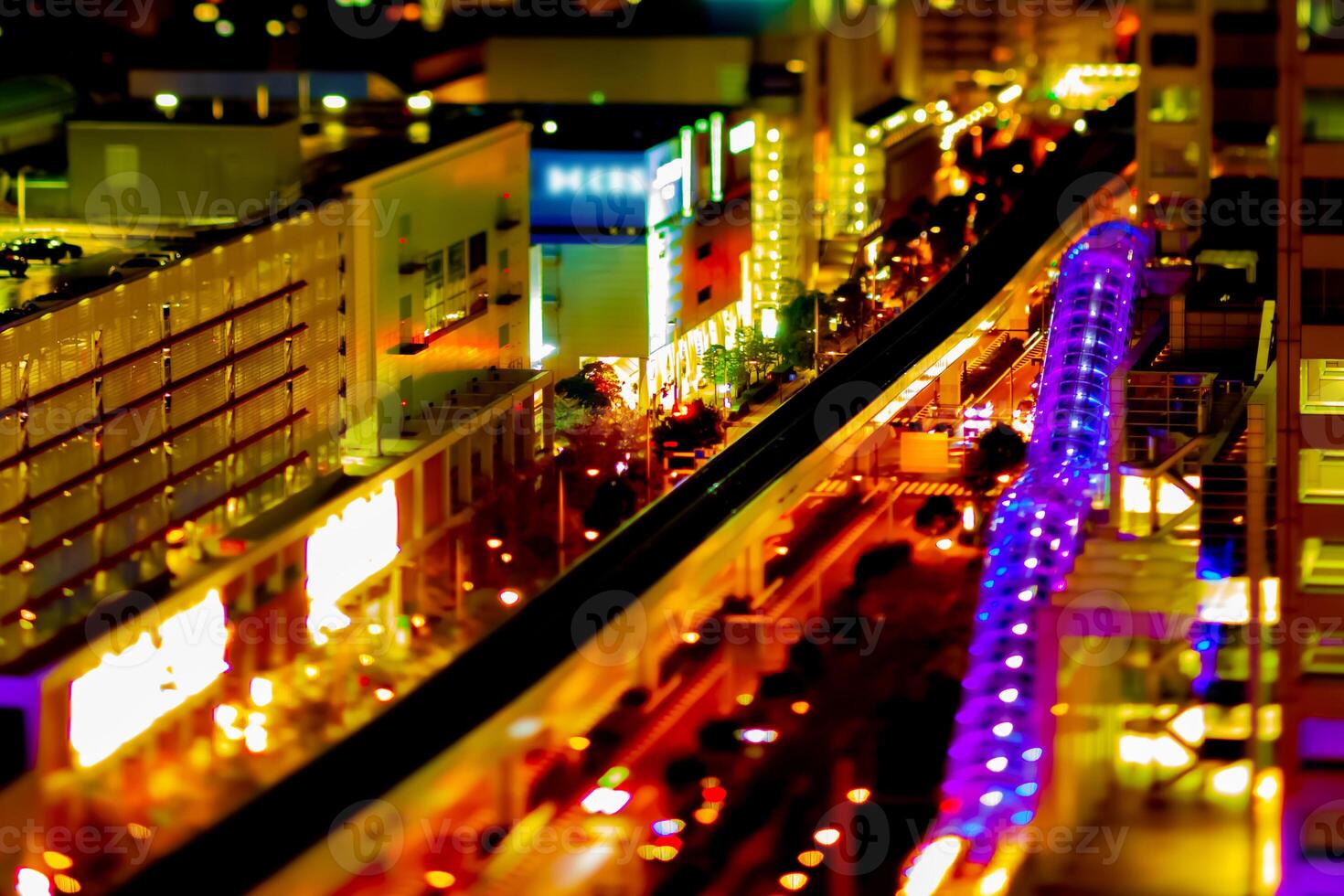 A night railway at the urban city high angle tiltshift photo
