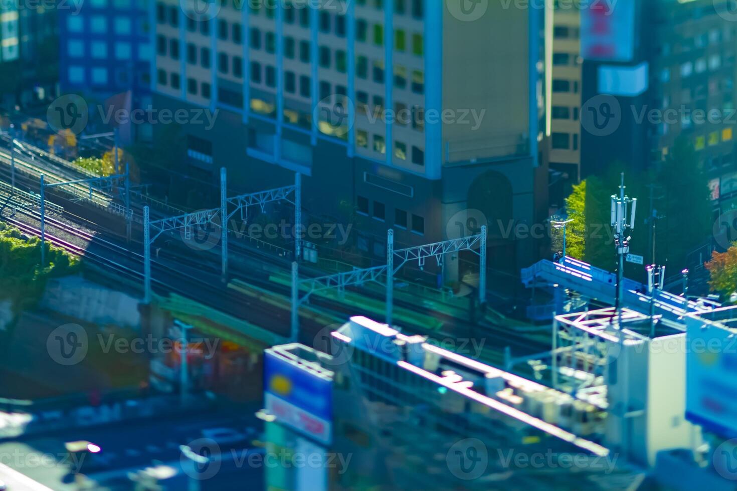 A city railway in Tokyo high angle tiltshift photo