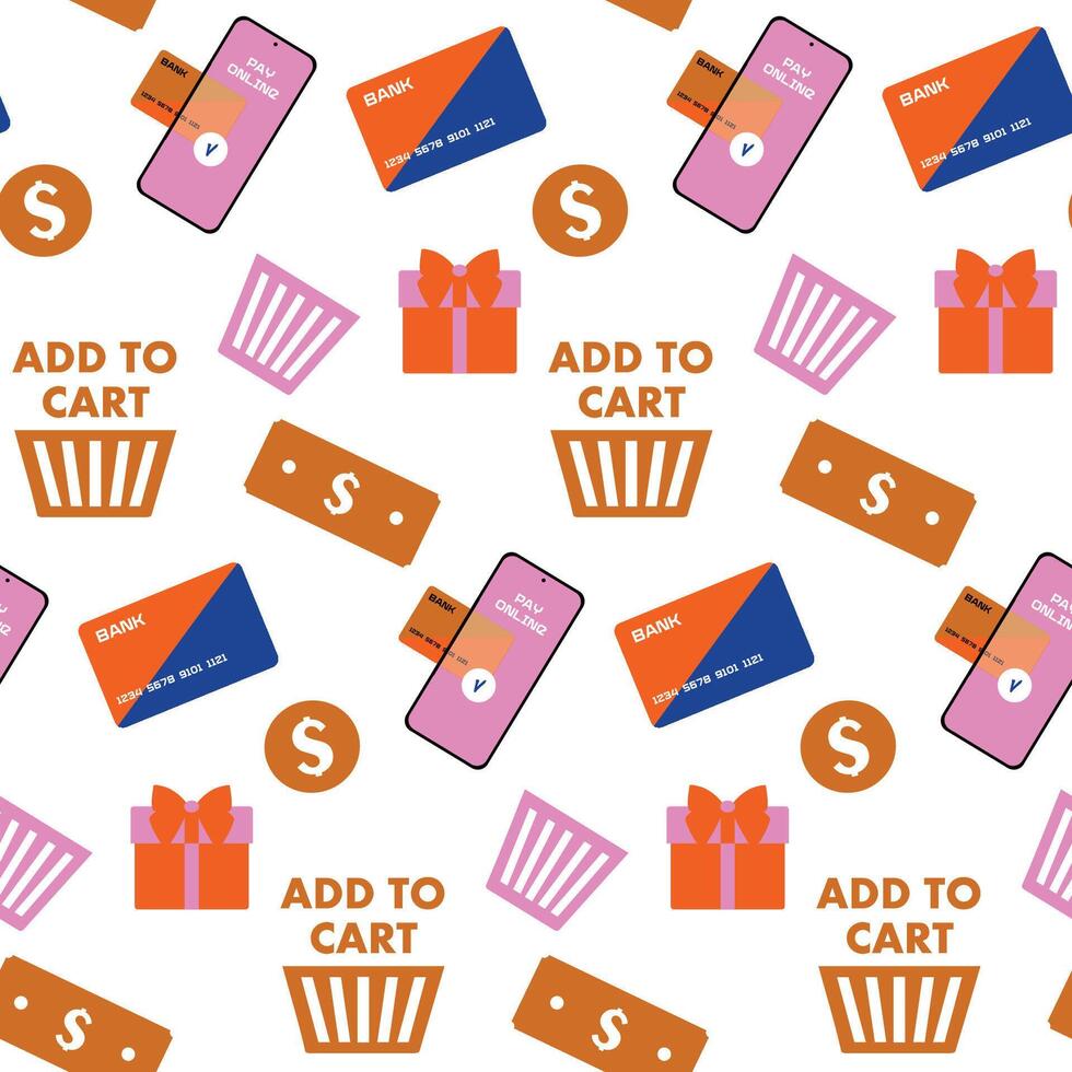 Seamless pattern with Flat Online shopping Concept Elements Isolated on white. background with cart, delivery, credit card, smartphone for online shop, store, buying on internet. vector