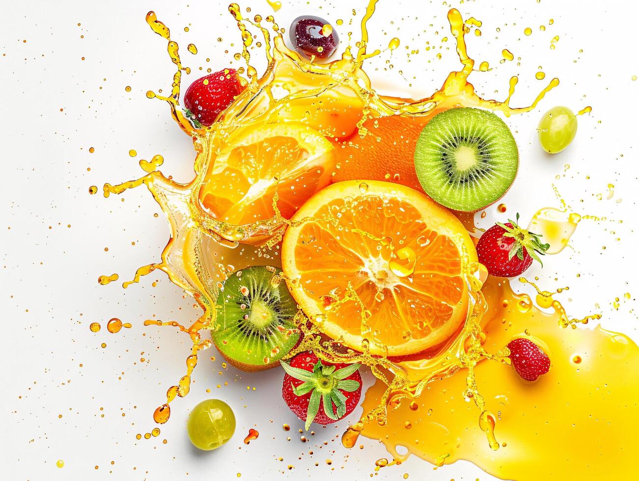 Explosive Fruit Fusion A Dynamic Burst of Citrus and Berries in a Splash of Vibrant Juice and Colorful Energy photo